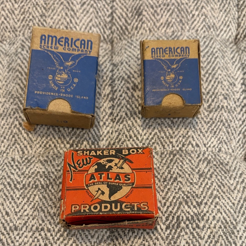 Vintage boxes of screws and thumb tacks (3 boxes total)